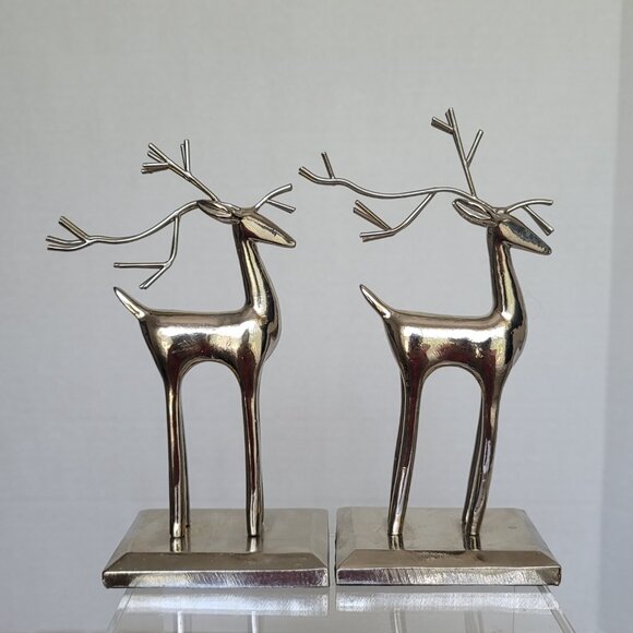 Reindeer Christmas Silver Tone Stocking Holder Hanger Mantel Decoration Set of 2 - Picture 2 of 16